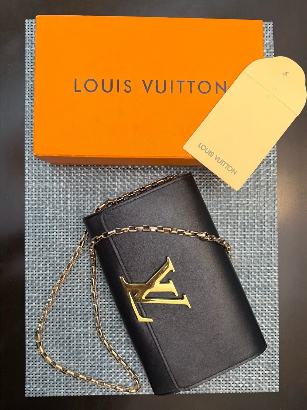 Louis Vuitton Black Leather Chain Wallet with Gold LV Emblem